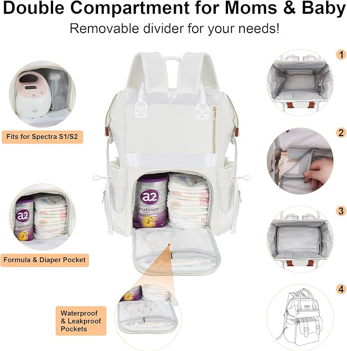 PIIOSER Diaper Bag Backpack with Ice Pack, Large Capacity & Waterproof Convertible Diaper Bag Tote for Moms Dads, Insulated Baby Tote Bag with Changing Pad, Stroller Straps & Pacifier Case, Cream