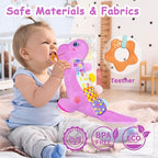 Baby Dino Plush Soft Stuffed Animal Toy for 0-3-6-12+ Months,Infant Musical Toy with Rattle,Squeaker,Sensory Crinkle,Teether & Textures,Toys for Christmas Baby Gift for Newborn Girl Boy (Purple)