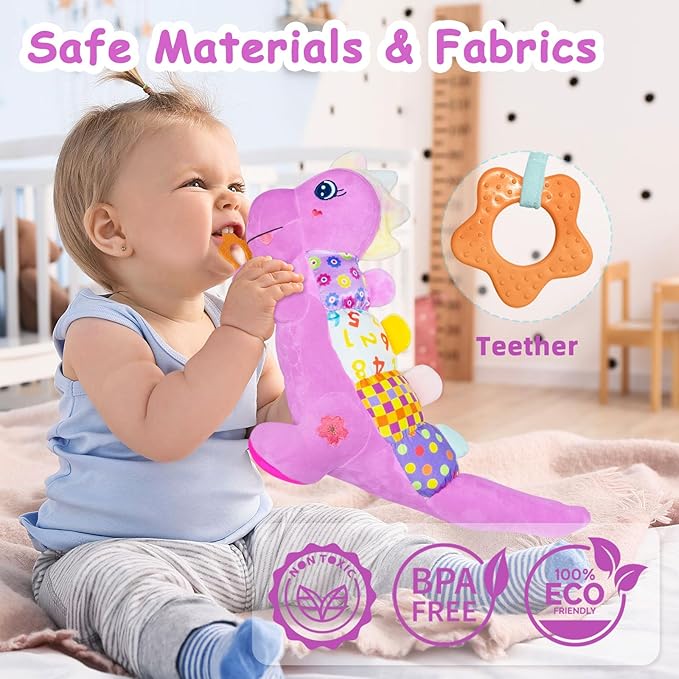 Baby Dino Plush Soft Stuffed Animal Toy for 0-3-6-12+ Months,Infant Musical Toy with Rattle,Squeaker,Sensory Crinkle,Teether & Textures,Toys for Christmas Baby Gift for Newborn Girl Boy (Purple)