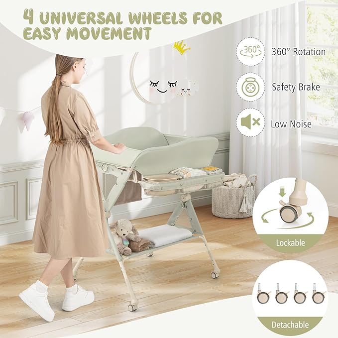 BABY JOY Portable Baby Changing Table, Foldable Diaper Changing Station w/Wheels, Adjustable Height, Large Storage Rack, Water Basin, Safety Belt, Mobile Nursery Organizer for Newborn Infant (Green)