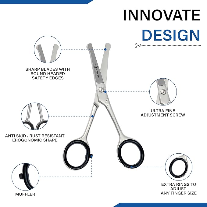 Ruvanti 5.2" Kids Hair Cutting Scissors - Safety Rounded Tip Barber Shears for Children, Infants & Facial Hair Trimming - Sharp Stainless Steel Blades, Ergonomic Grip - Ideal for Home & Salon Use