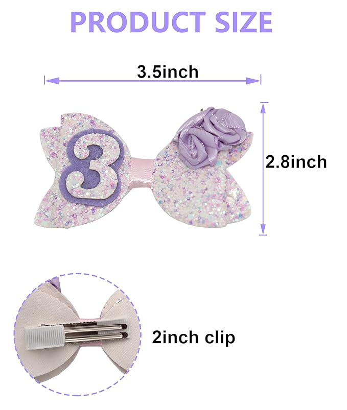 Birthday Hair Bow for Baby Girls 1 2 3 4 5 6 Years Sprinkle Decorations Party Hair Accessories for Three 3rd Birthday Purple Rose