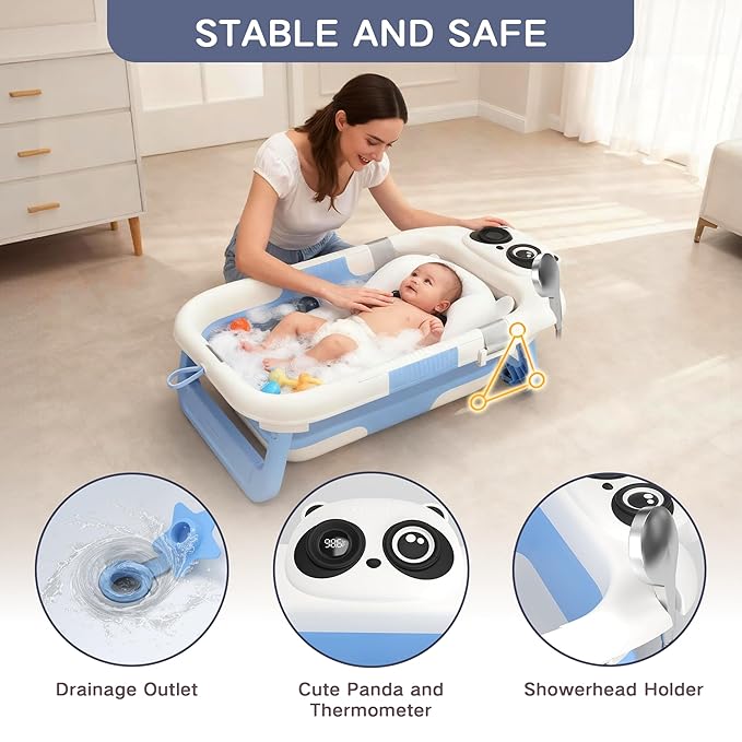 Collapsible Baby Bathtub for Newborn to Toddler (0-24 Months), Portable Baby Bath Tub for Travel, Newborn Bathtub with Soft and Supportive Cushion (Panda-Blue)