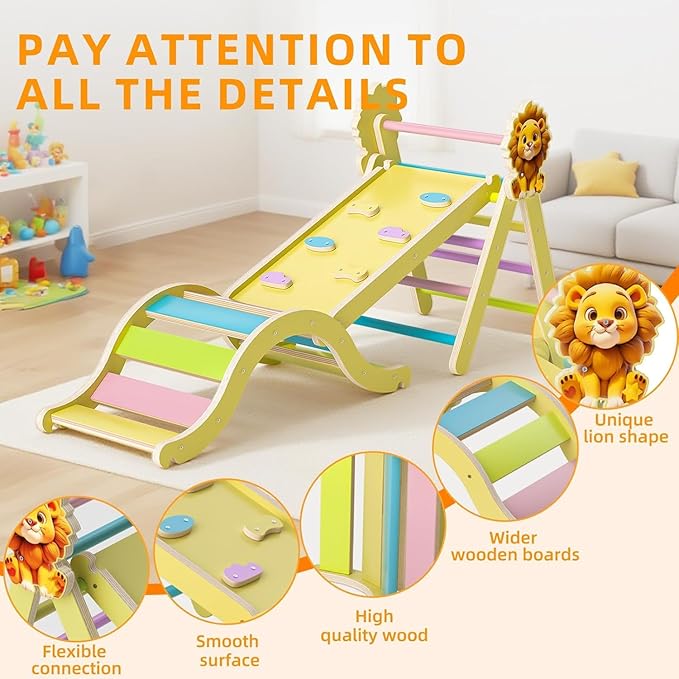 Pikler Triangle Set with Cushion, 7-in-1 Indoor Climbing Toys for Kids, Wooden Montessori Climbing Set for Toddlers Montessori Toys