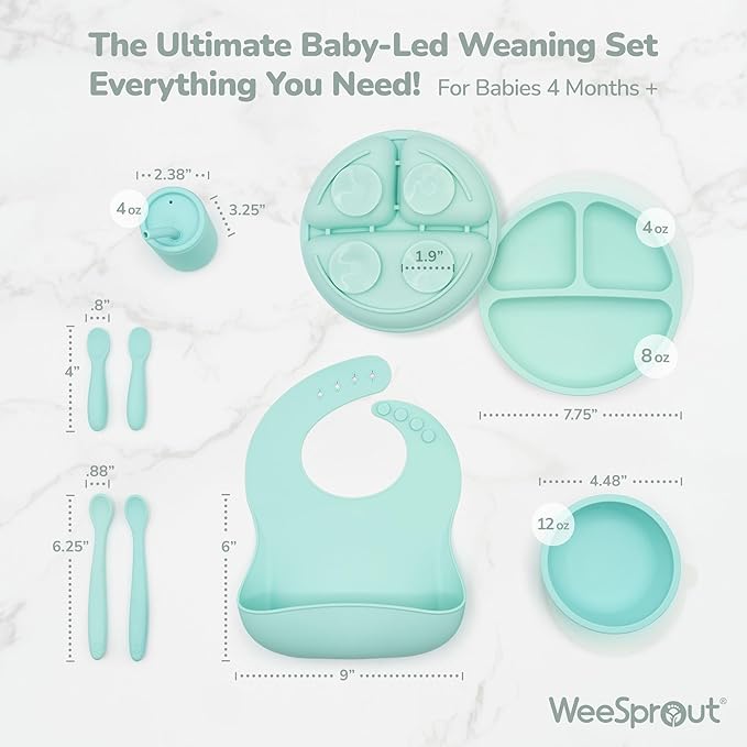 WeeSprout Baby Led Weaning Bundle, Silicone Suction Bowl, Spoons, Bib & Cup, Develops Self Feeding Skills, Dishwasher Safe (Pink)