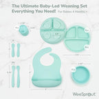 WeeSprout Baby Led Weaning Bundle, Silicone Suction Bowl, Spoons, Bib & Cup, Develops Self Feeding Skills, Dishwasher Safe (Blue)