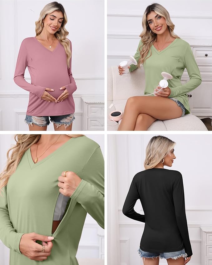 Huukeay 3 Pack Women's Long Sleeve Nursing Tops, Breastfeeding Hidden Zippers Shirts V Neck Maternity Pregnancy Tees Clothes