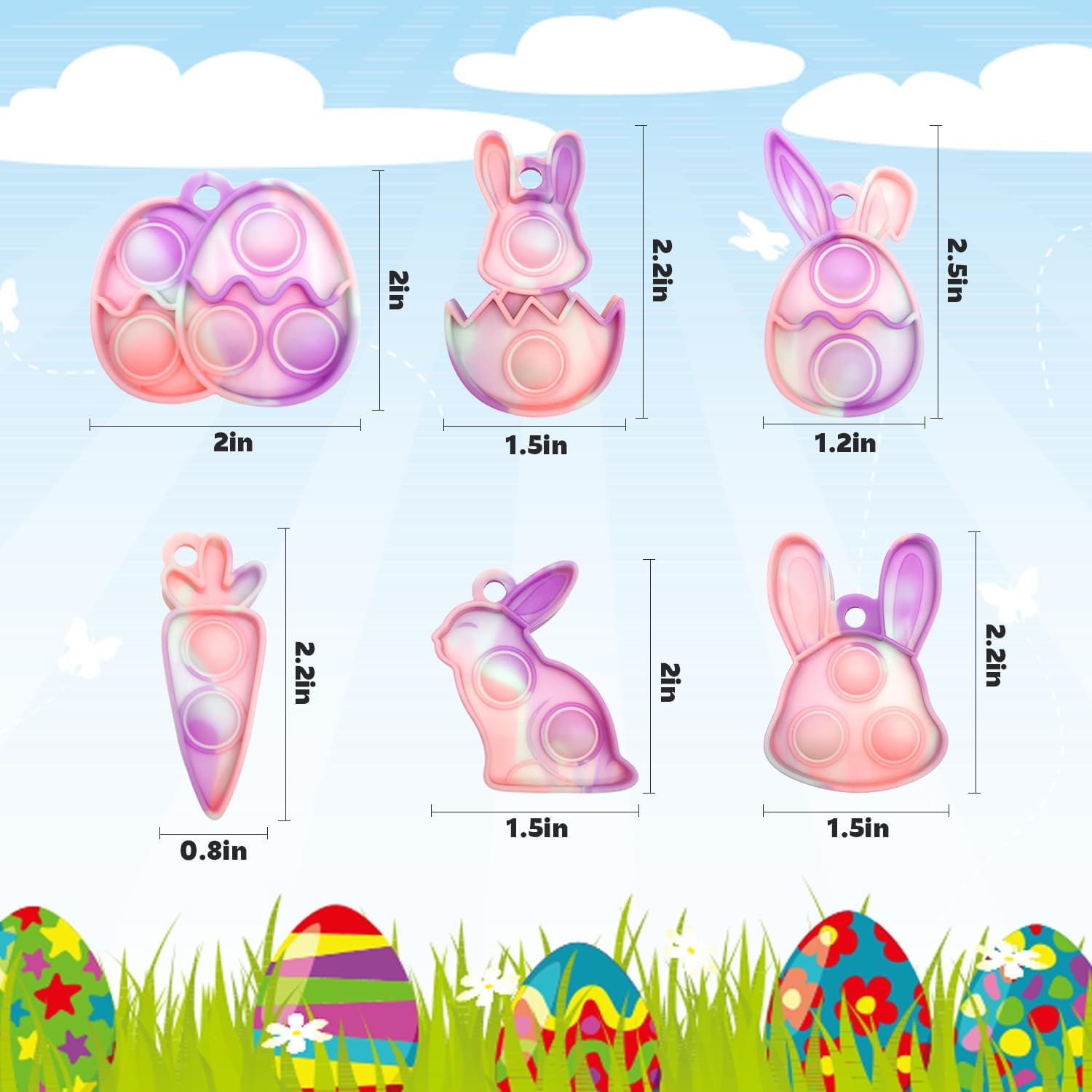 48 Pack Easter Pop dget Toys Keychain Basket Stuffers Eggs Bunny Carrot 4 Colors Push Bubble Sensory Squeeze Popper Stress Relief Party Favor Gifts for Kids
