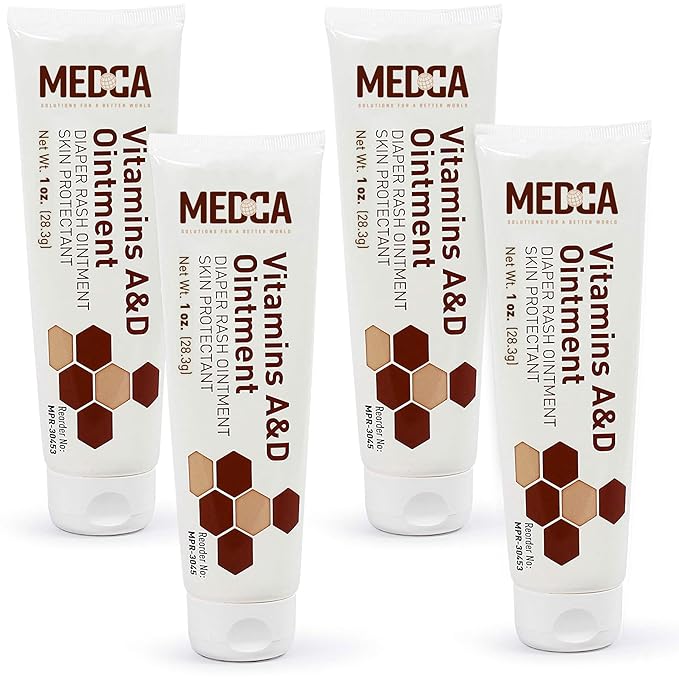 MEDca Vitamin A & D Diaper Rash Ointment- Protectant Cream for Sensitive Baby Skin - Lanolin & Petrolatum Formula, Dry-Cracked Hands/Feet/Face Skin, 1oz Tube, Pack of 4