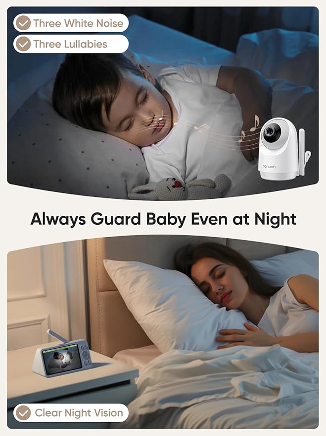bonoch 1440p Baby Monitor with Camera and Audio, Smart No WiFi Baby Camera, 5.5" Video Monitor, AI Crying/Motion/Turn Over Detect, 240h Lasting, Hack Proof, Auto Night Vision, VOX Mode, White Noise