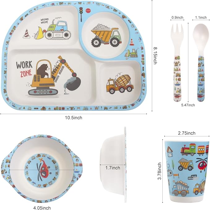Kids Feeding Set 5 Pcs, Tableware Set for Toddlers Includes Plate Bowl Cup Fork and Spoon Utensil Flatware, Kids Flatware Set Dishwasher Safe, BPA Free (Construction)
