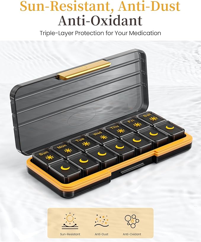 Zoksi Am Pm Pill Organizer 7 Day, Weekly Pill Box 2 Times a Day, Medicine Pill Organizer with Separate Compartment, Travel Pill Case Dispenser Portable for Vitamins, Fish Oils, Medicines(Black)