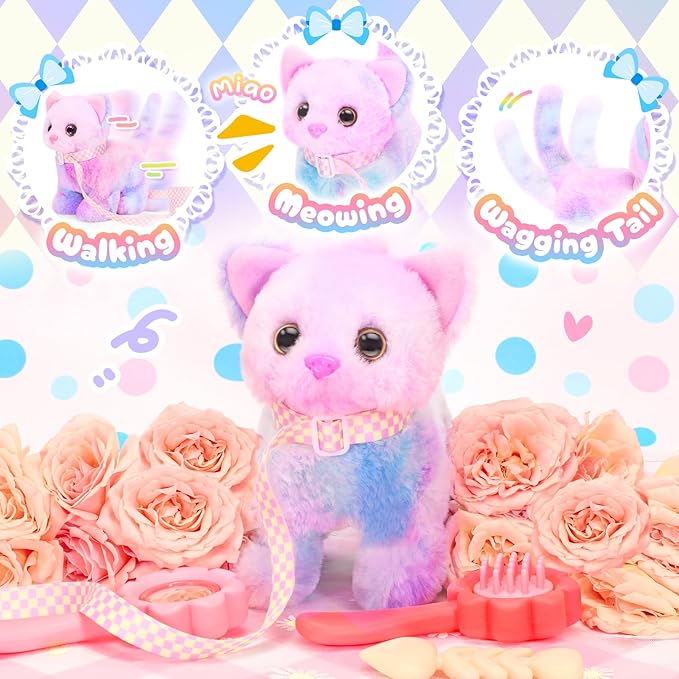 Tagitary Plush Toys Cat for Kids,Interactive Electronic Cat Toys That Can Move,Meow and Wag Tail,Stuffed Toys for Kids with Leash,Easter Christmas Birthday Gift for Toddlers Kids