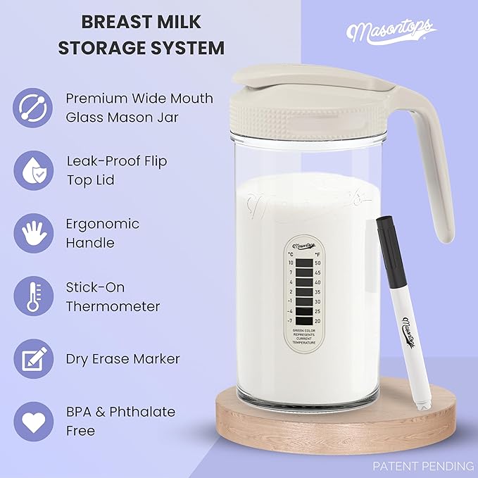 Masontops Breast Milk Storage Kit - 24oz Airtight Mason Jar with Handle, Marker & Stick-on Thermometer for New Moms