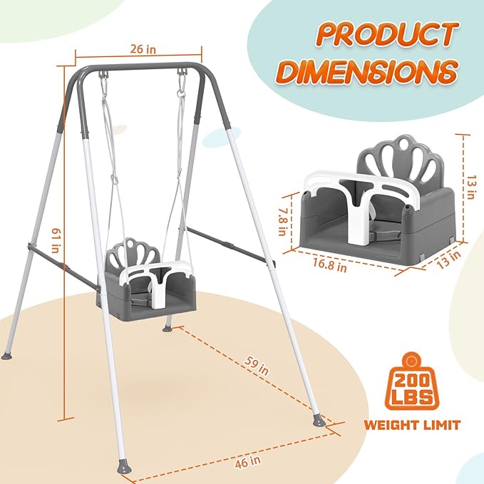 Taleco Gear Foldable Toddler Swing Set, Indoor & Outdoor Baby Swing, Kids Swing Set for Backyard, Safe and Durable Design, Grow with Your Child (Gray)