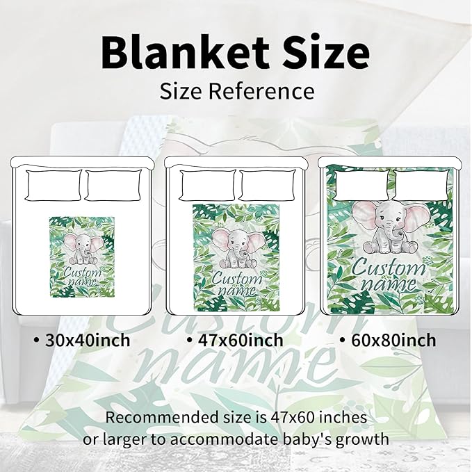 Custom Name Baby Blanket – Plush Flannel with Double-Layer Dotted Backing – Elephant and Green Leaves Theme for Infants and Toddlers