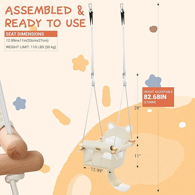Wooden Hanging Baby Swing with Soft Safety Belt, Cozy Infant Swing Seat for Indoor & Outdoor Use, Adjustable Height, Includes Mounting Hardware – Suitable for Babies & Toddlers(Fox-Themed in Beige)