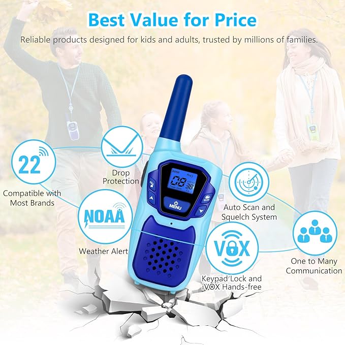Walkie Talkies for Kids Rechargeable 4 Pack Walkie-Talkies Long Range 4 Miles NOAA FRS 2 Way Radio for Adults Camping Skiing Cruise, Family Adventure Toys for 3-12 Year Old Boys Girls Toddlers