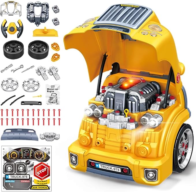 Interactive Truck Engine Toy with Removable Parts - Lights, Sounds, and Fun for Young Mechanics -Unleash Their Creativity and Motor Skills with This Truck Engine Toy (Yellow)