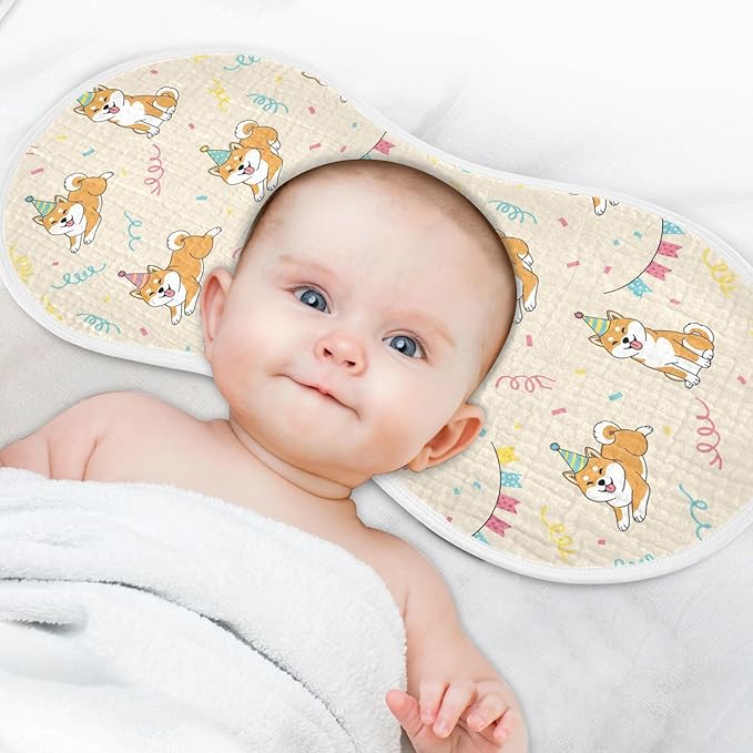 4 Pack Muslin Burp Cloths Shiba Dogs Party Beige Cotton Baby Burp Cloths Ultra Absorbent Soft Thick Burping Cloth for Newborn Baby Boys Girls 22x11 Inch