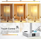 Touch Bedside Table Lamp Set of 2-3-Way Dimmable Night Lamp with USB A + Type C Charging Ports and Two AC Outlets, Small Desk Light with E26 LED Bulb for Bedroom Living Room Dorm Office