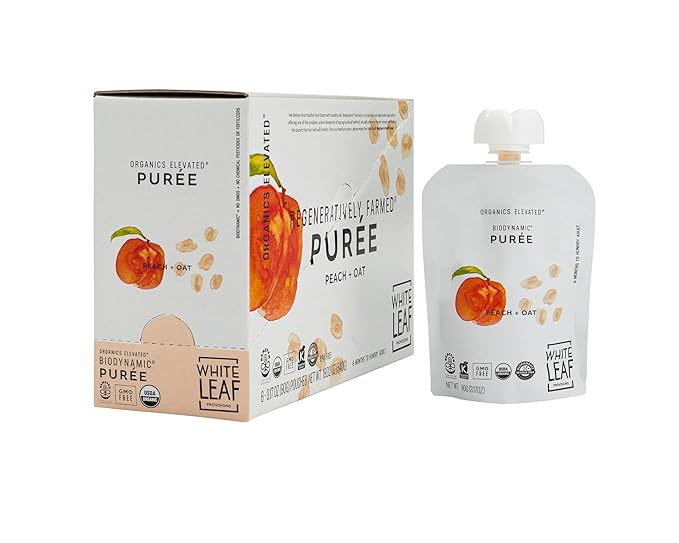 White Leaf Provisions Organic Purees/Baby Food Pouches - Fruits, Veggies & Grains, Toddler snack, Regeneratively Farmed, No Added Sugar, Non-GMO, BPA-Free Pouches 3.17 oz (Pack of 24, Peach + Oat)