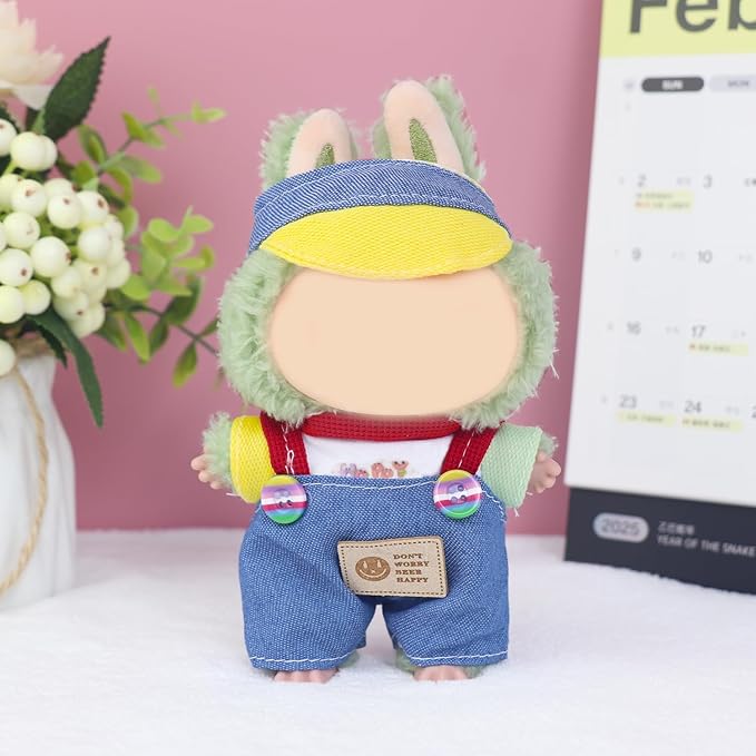 Adorable 3 Pcs Mini Doll Clothes Set – Hat, T-Shirt & Candy Bib Pants for 15cm/17cm Dolls – Vibrant Outfits & Accessories Fits 15cm Dolls (No Doll)