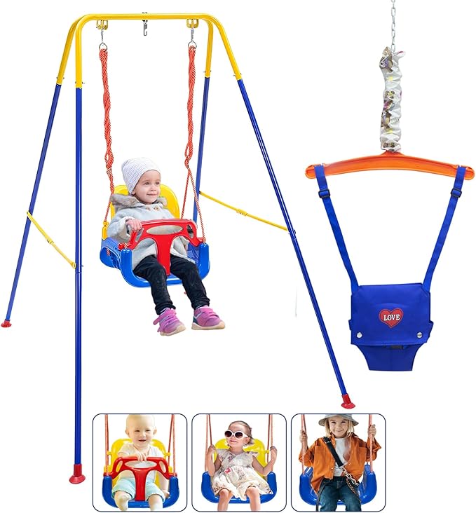 Toddler Swing Set, 3-in-1 Baby Swing Outdoor/Indoor, Toddler Swing&Jumper with Foldable Metal Stand, Baby Swing Outdoor for Aged 6 Months to 10 Years Old