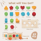 Shape Sorter - Montessori Wooden Learning Shapes Toy with 17 Shape Blocks - Early Education and Sensory Development Storage Pull Car for Toddlers, SSC03
