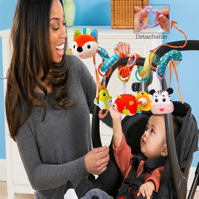 Baby Car Seat Toys, Infants Activity Spiral Plush Toys for Babies 0-6 Months Hanging Stroller Toy Gift for Infant Boys and Girls 0 3 6 12 Months Newborn Sensory Toy with Rattles Squeaker Music - Fox