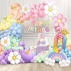 219Pcs Daisy Balloon Arch Garland Kit - Pastel Rainbow Balloons Arch Kit with Daisy Balloons,Banner,Cake Toppers,12 3D Butterfly, for Birthday Party, Baby Shower, Flower Themed Party Decorations