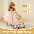 Pink Wooden Push Pull Sit to Stand Walker - Adjustable Learning Activity Center - Baby Learning to Walk - Educational Gift for Toddler Boy or Girl