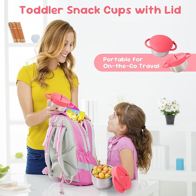 1 Pack Snack Containers for Toddlers, Stainless Steel Toddler Snack Cups with Silicone Food Catcher & Lids,Snack Cups for toddlers Spill Proof