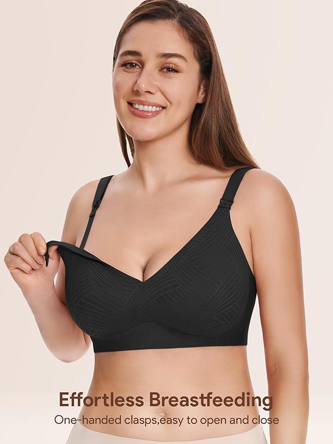 Angelhood Nursing Bras for Breastfeeding, Seamless Wireless Comfort Push up Lace Nursing Maternity Bralette for Pregnancy