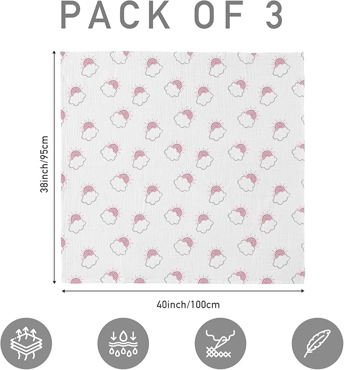 Muslin Swaddle Blankets for Newborn, 3 Pack Breathable Soft Receiving Blanket, Large 38 x 40 inches Swaddle Wrap Burping Clothes Diapers, Essentials Infant Shower Items, Toddler Gift (Clouds & Stars)