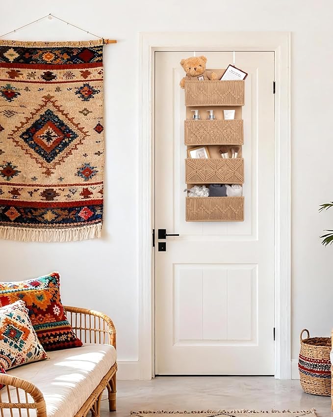 ANTIS'S HOME Nursery Over The Door Organizer Boho Decor Nursery Storage with 4 Large Woven Pockets, Macrame Nursery Organizers and Toys Storage, Behind Door for Bathroom, Bedroom, Brown