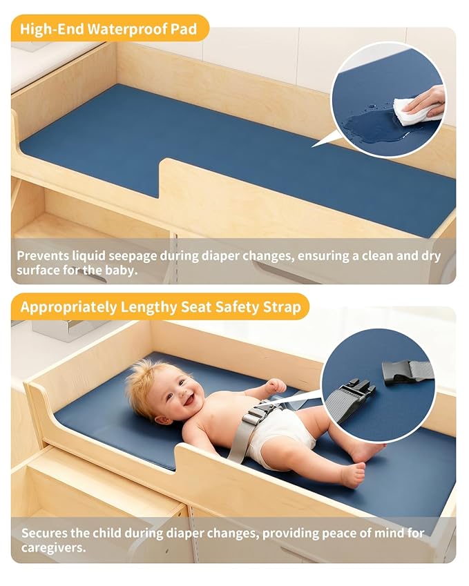 Wooden Baby Changing Table with Mirror, 100% Birch Plywood Toddler Diaper Changing Station with Stairs & Storage, Montessori Furniture for Daycare, Nursery, Home, School