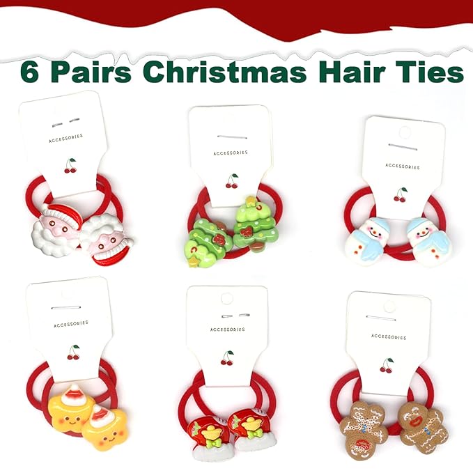 12Pcs Cute Red Hair Ties Toddler Christmas Hair Accessories, Cartoon Small Elastic No Damage for Baby Little Girls Kids Ponytail Holders New Year Holiday Hair Bands, Stocking Stuffers Gift, BlueZOO