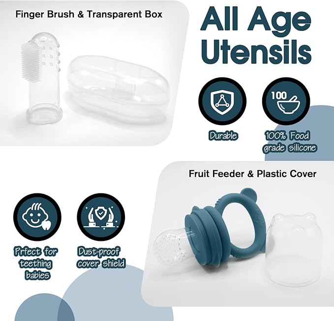 Baby Led Weaning Supplies, 17 Piece BPA-Free Silicone Feeding Set, Eating Essentials Baby Utensils with Suction Plate and Bowl, Pocket Bib, Sippy Cup with Lid, for 6+ Months, Blue