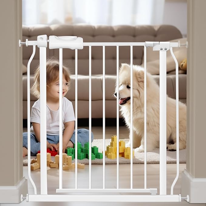 Narrow Baby Gates for Stairs Doorways Auto Close Tension White Metal Child Pet Safety Gates with Pressure Mount 29-34 Inch Wide