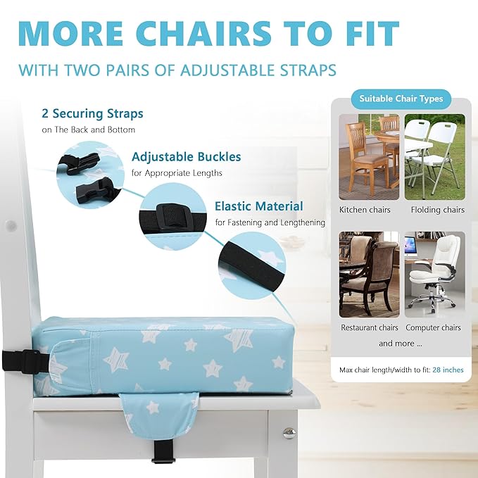 Booster Seat for Kitchen Chair with Adjustable Straps, Toddler Booster Seats for Dining Table Portable for Travel Camping Eating, Booster Cushion for Table for Baby Child Infant Kid Boy Girl