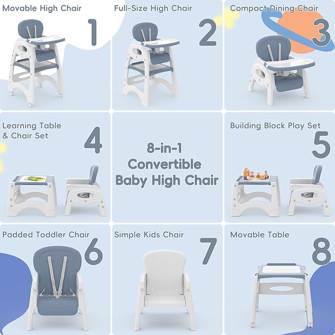 Xilingol 8 in 1 Convertible Baby High Chair W/Wheels, Baby Feeding Chair W/Adjustable Backrest & Removable Dual Tray, Building Block Table & Chair Set, HighChair for Babies & Toddlers (Blue)