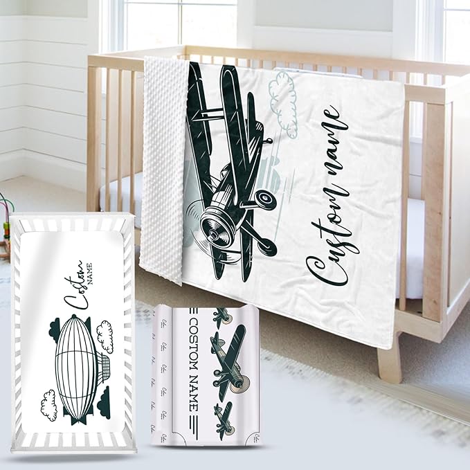 Personalized Baby Crib Bedding Set, Custom Name Glider Balloon Pattern Nursery Bedding Set 3 Pcs, Baby Blanket Fitted Crib Sheet Changing Pad Cover, Personalized Nursery Decor Gift for Newborns Boys