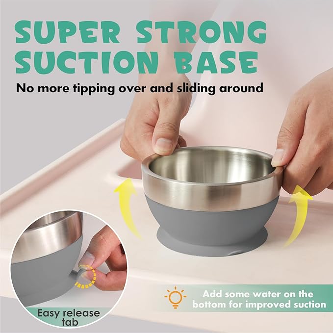 MR. CHOU Baby Bowl Set with Spoon & Fork, Insulated Double-Layer 18/8 Stainless Steel Toddler Bowls with Silicone Suction Cup & BPA Free Airtight Lids, Food Grade Infant Self-Feeding Bowl, Gray