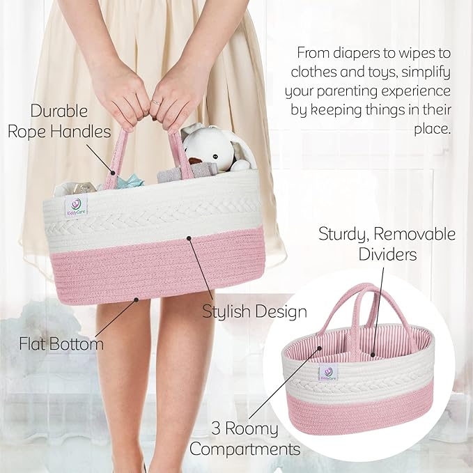 KiddyCare Woven Diaper Caddy Organizer, Large Gray Multi Functional Portable Baby Basket with Handle, Baby Gift for Boy/Girl Nursery Storage, Organization, and Modern Car Diaper Caddy Pink X-Large