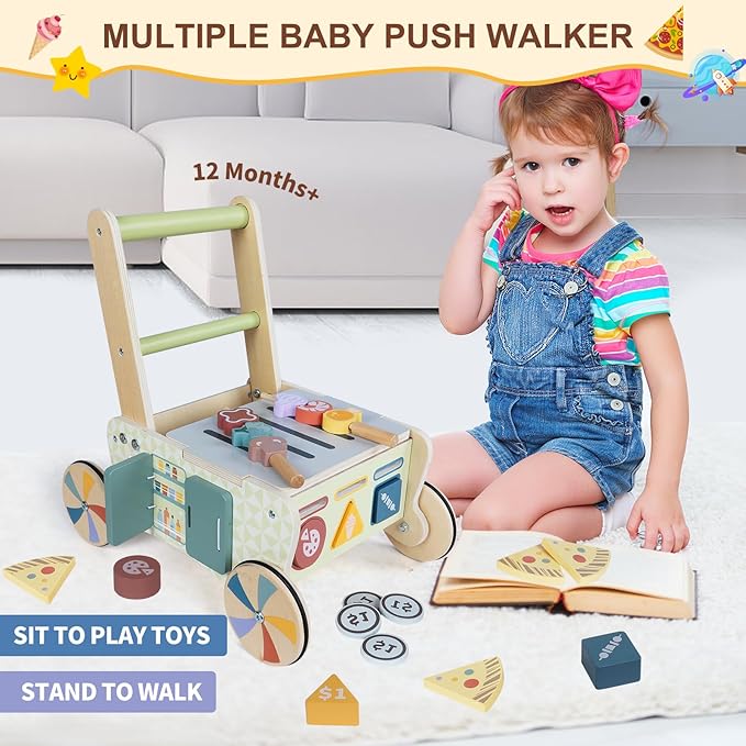 Wooden Baby Walker, Baby Push Walker, Montessori Kitchen Walker Toy, Push and Pull Learning Activity Walkers, Baby Walker with Wheels for Boys&Girls 12 Months, Baby Walker Push Toy Gifts for Toddler