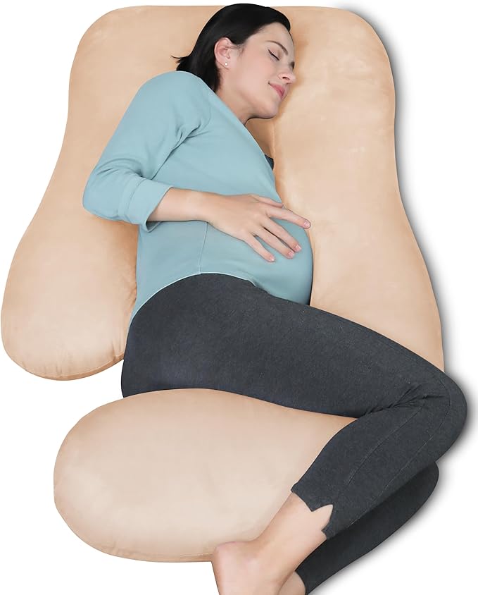 MOON PARK Pregnancy Pillows for Sleeping - U Shaped Full Body Maternity Pillow with Removable Cover - Support for Back, Legs, Belly, HIPS - 65 Inch - Brown
