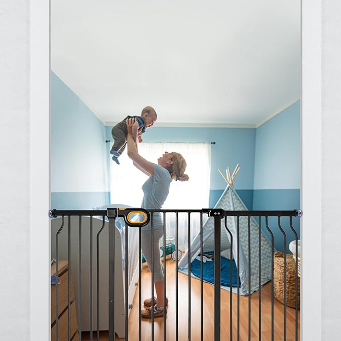 Gate for Baby Indoor 29-57'' Wide, Adjustable Safety Gate for Stairs No Drilling Baby Gate with Door Pet Pressure Mount Gate for Kids Dogs Extension Kit Stairway Doorway Black (30.5'' Tall)