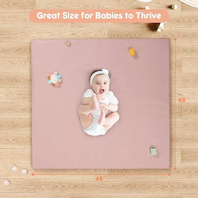 Padded Baby Play Mat, Super Soft Vegan Leather Floor Mat for Baby Girls and Boys, 48x48 Non-Slip Thick Foam Cushioned Play Mat for Babies 6-12 Months, Fits Nicely Into 50x50 Playpen Mat, Pink