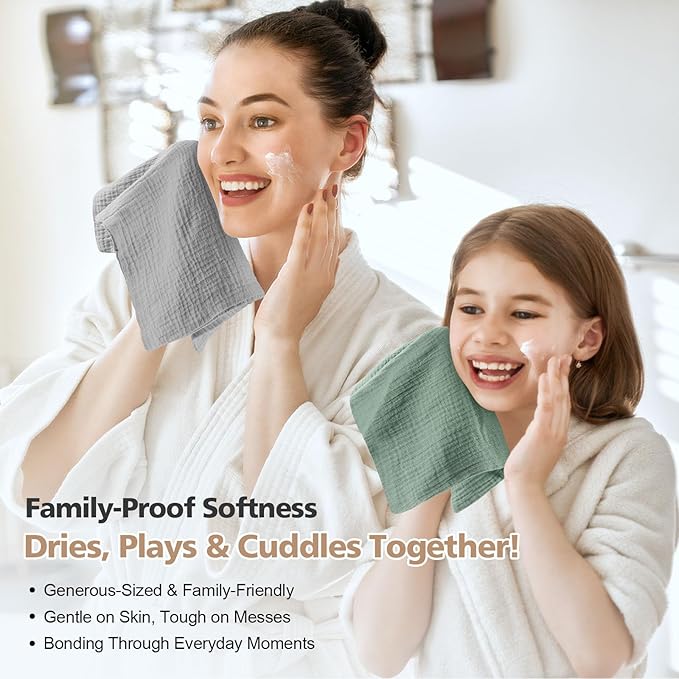 MUKIN Baby Washcloths,Muslin Burp Cloths Towels for Newborns,Absorbent Cotton Bath Face Towel ，5 Pack, 12x12 Inches (Coastal Calm)